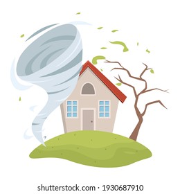 Barrido de tornado dañando casa rústica y árbol con hojas vectoriales ilustración plana. Catástrofe de huracanes cerca de la granja de la aldea con planta de madera natural aislada. El tiempo del ciclón destruye el hogar