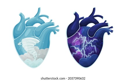 Tornado and thunderstorm natural phenomenon inside human hearts vector illustration