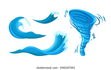 Tornado and tsunami waves set. Ocean storm with whirlpool and waves. Cartoon vector illustration isolated in white background