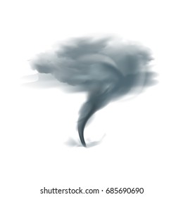 Tornado twirling twister spinning into cloudy sky in black grey shades on white background realistic vector illustration 