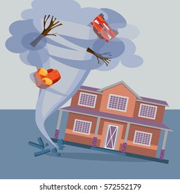 Tornado twisted cottage house, trees, car and pieces of furniture. Hurricane natural disaster damaged everything realistic vector illustration. Referred to twisters, whirlwinds or cyclones