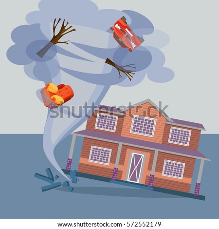 Tornado twisted cottage house, trees, car and pieces of furniture. Hurricane natural disaster damaged everything realistic vector illustration. Referred to twisters, whirlwinds or cyclones