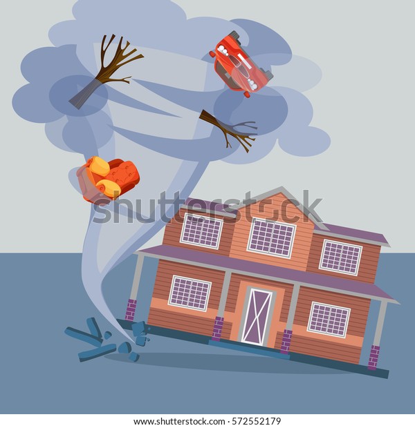 Tornado twisted cottage house, trees, car and\
pieces of furniture. Hurricane natural disaster damaged everything\
realistic vector illustration. Referred to twisters, whirlwinds or\
cyclones