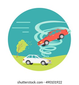 Tornado twisted red car icon. White car stands on ground. Tornado ruins everything. Natural disaster. Deadly strong wind damages machines and nature. Catastrophe with whirlwind. Vector illustration