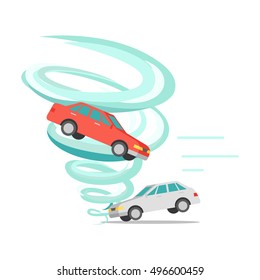 Tornado twisted red car icon. White car stands on ground. Tornado ruins everything. Natural disaster. Deadly strong wind damages machines and nature. Catastrophe with whirlwind. Vector illustration