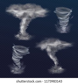 Tornado Twister Vector Illustration Of Realistic Hurricane Wind Or Cyclone Vortex. Dangerous Natural Disaster Whirlwind With Dust Texture Funnel Isolated On Transparent Background