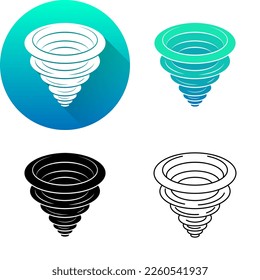 Tornado Typhoon Cyclone Twister Hurricane Storm Weather Forecast Season Meteorology Logo Icon Vector Circular Round Long Shadow, Flat, Black Silhouette, Line Art Isolated on White Background