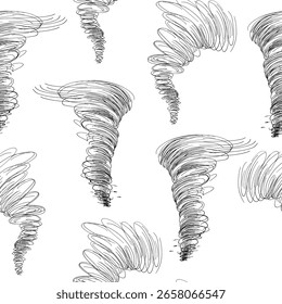 Tornado vector Seamless Pattern. Dynamic Black White Swirl Line Art Repeated print. Hand Drawn Cyclone Sketch for Wallpaper, Urban Streetwear Prints, and Extreme Weather background. Scribble by Ink.