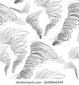 Tornado vector seamless pattern line art with swirls outline drawing . Repeated background of hurricane as scribble for design print, wallpaper. Dynamic spiral monochrome lines pen painting.