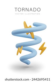 Signo del vector del tornado en estilo de la historieta. Espiral azul 3D con rayos