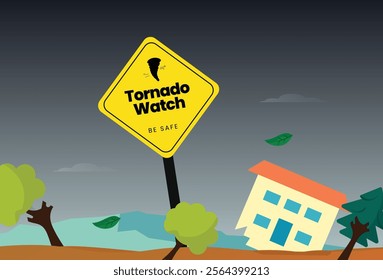 Tornado watch signage. Tornado sign awareness banner with broken trees, broken house, wind, and dark cloud background. Vector illustration of damage done by Tornado. Columbia, San Francisco, Forest