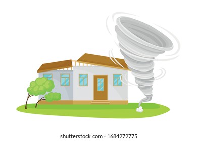 Tornado or Whirlwind Causing Damage to Residential House Vector Illustration