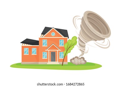 Tornado or Whirlwind Causing Damage to Residential House Vector Illustration