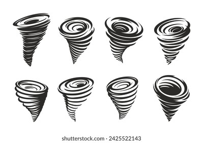 Tornado whirlwind or cyclone vortex and hurricane twirl twister with air funnel, vector icon. Tornado storm or hurricane wind swirl and typhoon whirl, cartoon spiral cyclone of smoke dust whirlpool