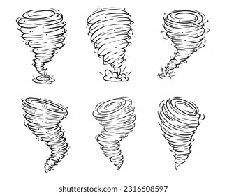 Tornado whirlwind vector icon set. Storm hurricane silhouette illustration. Swirl air cyclone weather spiral symbol. Nature disaster black line vortex isolated on white background.