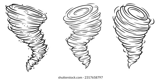 Tornado whirlwind vector icon set. Storm hurricane funnel silhouette illustration. Swirl air cyclone weather spiral symbol. Nature disaster black line vortex isolated on white background collection.