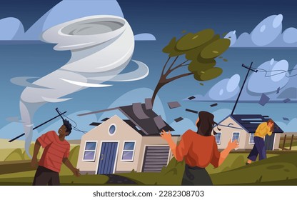 Tornado or whirlwind, vector illustration. Landscape of natural disaster or whirlpool of strong wind. Cyclone or weather phenomenon. Buildings destruction or damage. Scared people.