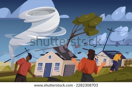 Tornado or whirlwind, vector illustration. Landscape of natural disaster or whirlpool of strong wind. Cyclone or weather phenomenon. Buildings destruction or damage. Scared people.