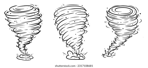 Ilustración del vector de tornado de viento de torsión. Tormenta con silueta de huracán y burbujas abstractas. Símbolo de la espiral del tiempo del ciclón aéreo. Vórtice de la línea negra aislada en el fondo blanco.