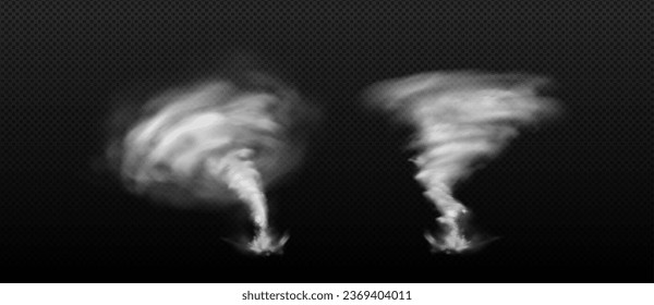 Tornado whirlwinds set isolated on transparent background. Vector realistic illustration of hurricane vortex, stormy weather with strong wind, dust vortex, funnel cloud of smoke, weather cyclone