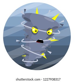 Tornado wind with an angry face. The whirlwinds of weather. Natural disaster with lightning. Cartoon flat illustration
