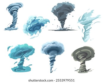 Tornado wind effects. Cartoon swirl hurricanes, destructive weather anomalies, typhoons, spiral cyclones and stormy catastrophe, thunderstorm cataclysm, vector meteorology isolated set