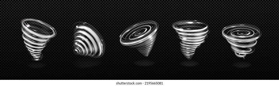 Ilustración de png realista de viento de tornado aislado en fondo transparente. Conjunto de vectores de rotación de vórtice de huracanes salvajes. Desastre natural, peligro de destrucción. Hembudo de tormenta de invierno blanco abstracto