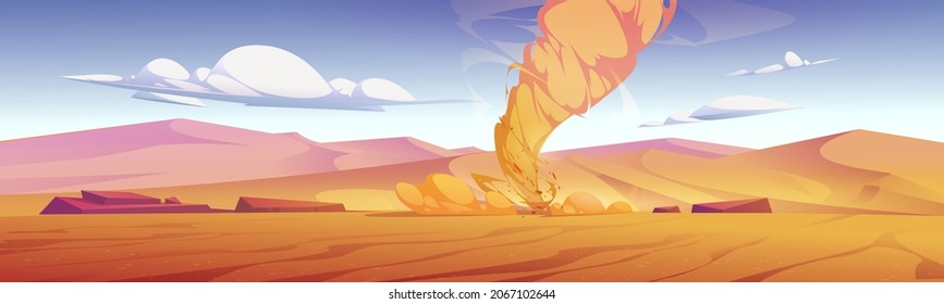 Tornado, wind storm with air funnel in desert. Vector cartoon illustration of dangerous weather phenomenon, sand whirlwind, dusty twister in desert with yellow dunes