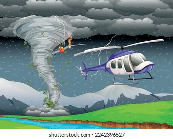 Tornado, tormenta de viento con embudo de aire . Dibujo de dibujos animados de un avión capturado por un rayo y quemado y entra en el tornado, y un helicóptero huye
