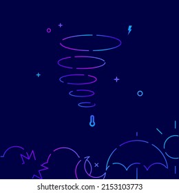 Tornado, wind swirl gradient line vector icon, simple illustration on a dark blue background, weather forecast related bottom border.