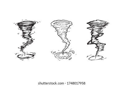 Tornado windstorm hand drawn set, original outline illustration. Typhoon catastrophe cartoon sign. Dangerous extreme whirlwind hurricane disaster silhouette graphic. Different spiral drawings.