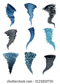 Tornados collection. Stylized cartoon hurricane, cyclone whirlwind swirling and moving upward icon set. Rotating twisters in flat style design. Vector illustration of a weather cataclysm