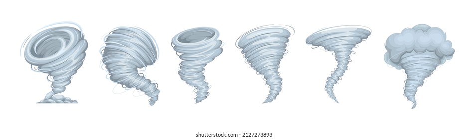 Iconos de Tornano. Icono de huracán. Juego de dibujos animados de tornado destructivo, torbellino o ilustración de vector de amenaza climática.