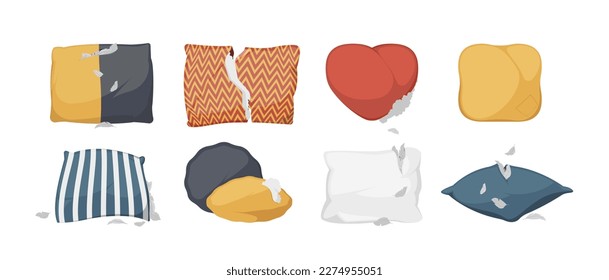 Torned pillows. Tattered cushion with scattered feathers, soft comfortable bedding decor with gap and scratches flat style. Vector cartoon set. Colorful damaged textile objects with cuts