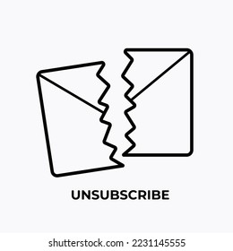 Icono de ilustración vectorial de sobre de correo desprendido y despedazado para ilustrar la acción de cancelación de suscripción. Icono plano simple anti spam pictograma aislado en fondo blanco plano. Papel arrancado a la mitad.