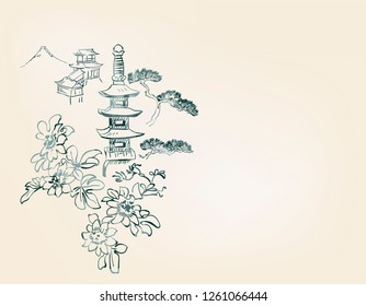 toro flower temple mountain nature landscape view vector sketch illustration japanese chinese oriental line art ink card background