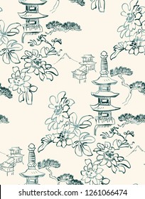 toro flower temple mountain nature landscape view vector sketch illustration japanese chinese oriental line art ink seamless pattern