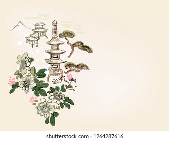 toro flower temple mountain nature landscape view vector sketch illustration japanese chinese oriental line art ink card background