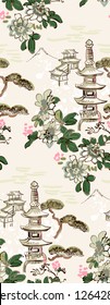 toro flower temple mountain nature landscape view vector sketch illustration japanese chinese oriental line art ink seamless pattern