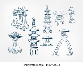 toro lantern stone garden japanese vector sketch illustration engraved chinese