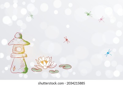 Toro stone lantern, lotus flower and dragonflies on vintage background. Japanese zen garden composition on white glowing background