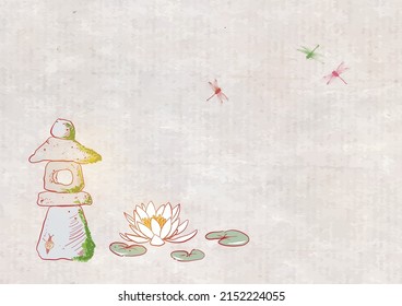 Toro stone lantern, lotus flower and dragonflies on vintage background. Japansese zen garden composition.
