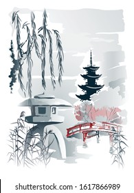 Toro stone lantern on the banks of a stream. Bridge and pagoda. Vector drawing in traditional japanese style sumi-e.