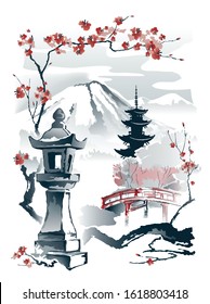 Toro Stone Lantern, Pagoda and red bridge under the mountain framed by sakura branches. Vector drawing in traditional japanese style sumi-e.