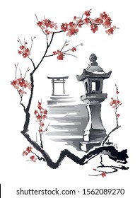 Toro Stone Lantern.
Stairs to the gates of Torii. Vector drawing in traditional Japanese style Sumi-e.