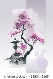 Toro stone lantern under cherry blossoms. Vector design.