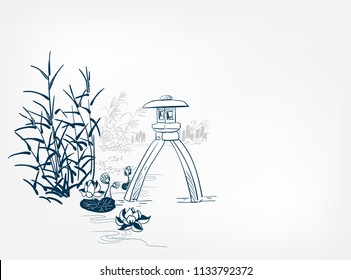 toro stone lighting card vector sketch illustration line art japanese chinese oriental design