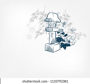 toro stone lighting card vector sketch illustration line art japanese chinese oriental design