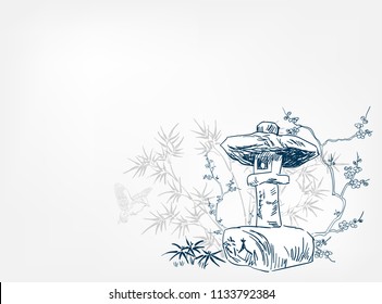 toro stone lighting card vector sketch illustration line art japanese chinese oriental design