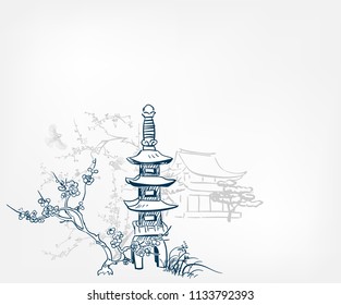 toro stone lighting card vector sketch illustration line art japanese chinese oriental design